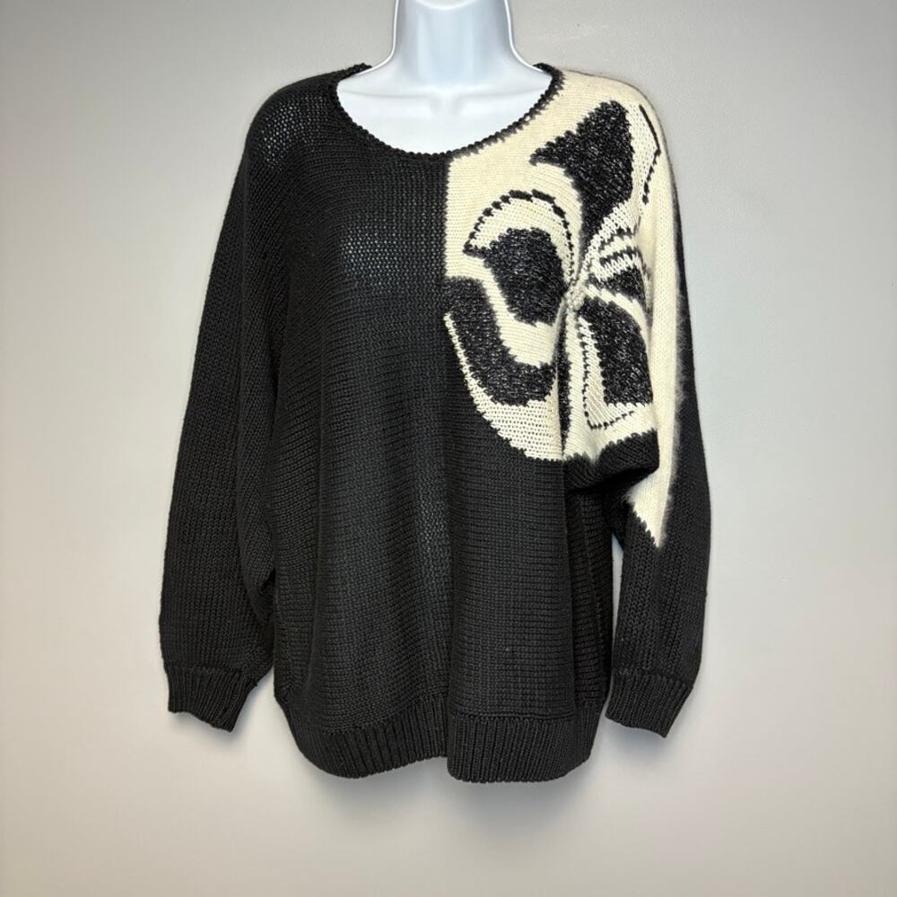 VTG David Brett Beaded Angora‎ 90s Black White Womens Sweater Sz 40 XL
